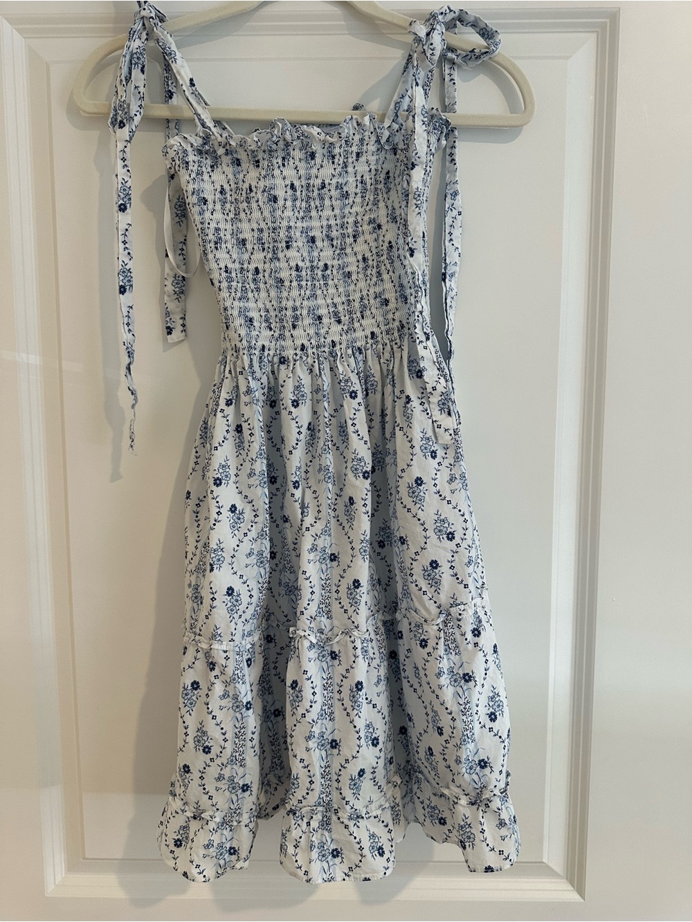 Blue & White Floral Smocked Tie-Shoulder Mini Dress